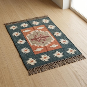 Boho Kilim Rug 2x3 – Handmade Tribal Southwestern Rug, Blue Orange Geometric Accent Rug with Fringe