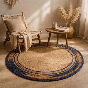 Handmade Round Jute Rug, Braided Boho Area Rug, Natural Beige Blue Rust Rug, Entryway Bedroom Living Room Decor, Woven Floor Carpet