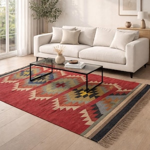 Handwoven Tribal Geometric Rug | Boho Jute Wool Kilim Carpet, Southwestern Aztec Home Decor