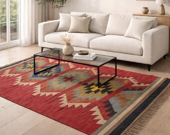 Handwoven Tribal Geometric Rug | Boho Jute Wool Kilim Carpet, Southwestern Aztec Home Decor