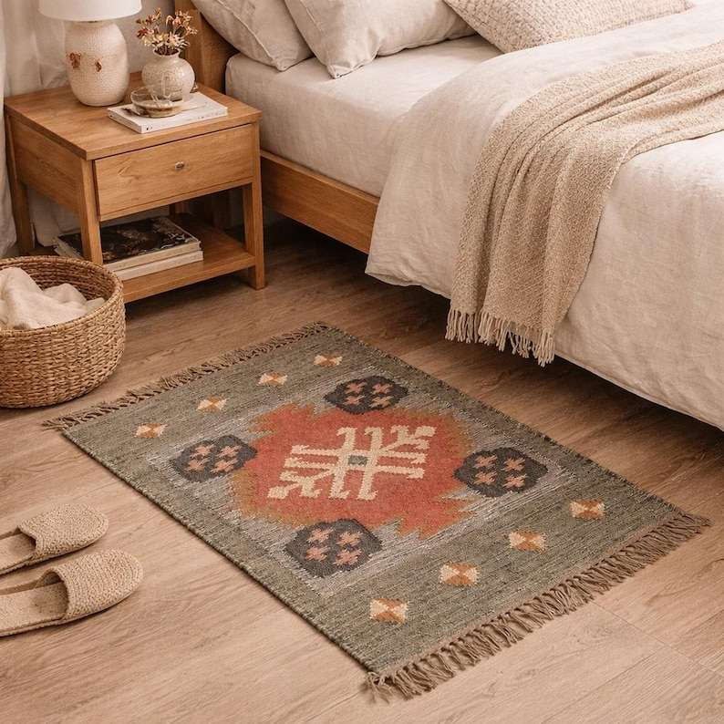 May include: A rectangular area rug with a geometric design in shades of green, orange, and gray. The rug has a fringed edge and is placed on a wooden floor near a bed and nightstand.