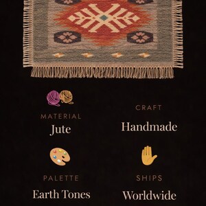 May include: Handmade jute rug with an intricate geometric design in earth tones. The rug features a central pattern in shades of orange, cream, and teal, framed by a gray border and fringe. The text on the image says "One of a kind, Handwoven with love, Ready."