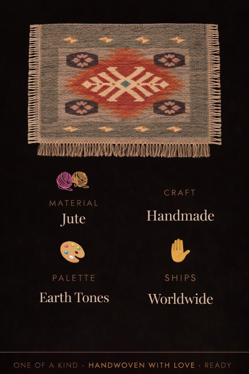 May include: Handmade jute rug with an intricate geometric design in earth tones. The rug features a central pattern in shades of orange, cream, and teal, framed by a gray border and fringe. The text on the image says "One of a kind, Handwoven with love, Ready."