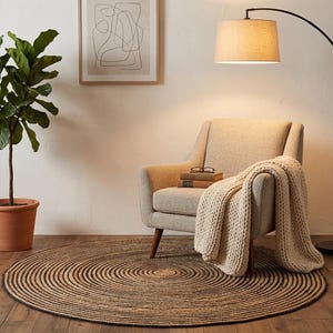 Handwoven Round Jute Rug, Braided Boho Area Rug, Natural Beige Black Design