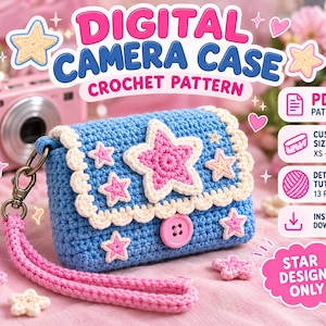 May include: A blue crochet camera case featuring a pink star applique on the flap, a cream-colored scalloped border, and a pink button closure. The case includes a pink wrist strap with a metal clasp and is decorated with small pink star appliques.
