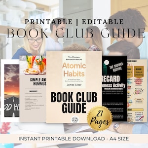 May include: Printable and editable book club guide with the text "BOOK CLUB GUIDE". The guide includes pages with recipes, road images, and book covers, including "Atomic Habits" and "The Shower Routine". The guide has 27 pages and is A4 size.