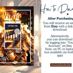 May include: A book club guide for "The Book Thief" by Markus Zusak. The guide is a digital download and instructions are provided on how to download the file after purchase from Etsy.