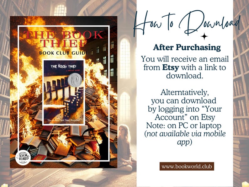 May include: A book club guide for "The Book Thief" by Markus Zusak. The guide is a digital download and instructions are provided on how to download the file after purchase from Etsy.
