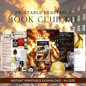 May include: Printable book club kit for "The Book Thief" by Markus Zusak. The kit includes 15 pages of discussion questions, character analysis, and activities. The pages are printed on white paper and are surrounded by a pile of books.