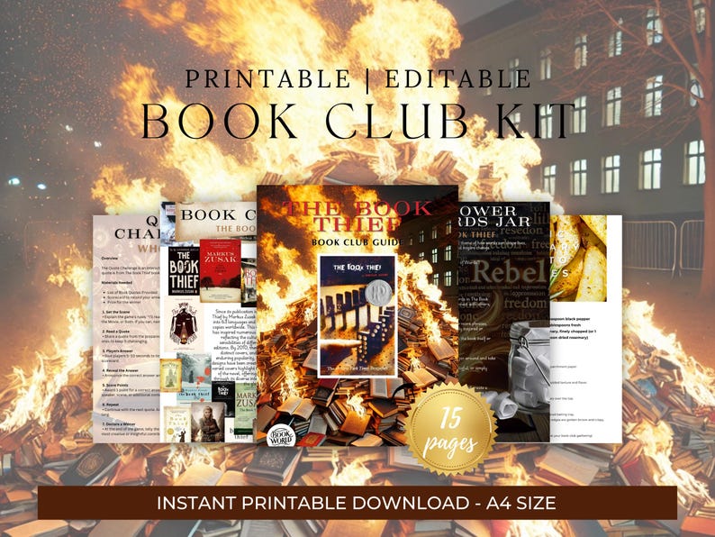 May include: Printable book club kit for "The Book Thief" by Markus Zusak. The kit includes 15 pages of discussion questions, character analysis, and activities. The pages are printed on white paper and are surrounded by a pile of books.