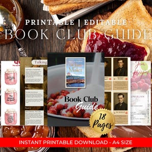 May include: A printable and editable book club guide with the text "Book Club Guide" and "18 Pages". The image includes toast with jam and a book cover titled "The Jam Maker". Jars of jam are also visible.