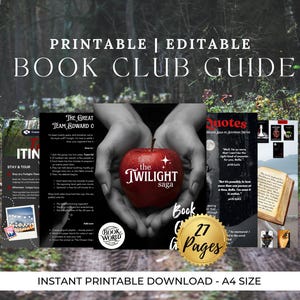 May include: Printable and editable book club guide for "The Twilight Saga." The design includes a red apple, book quotes, and the text "27 Pages." The guide is available as an instant printable download in A4 size.