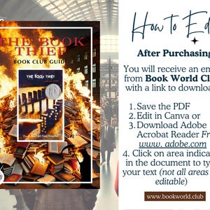 May include: A book club guide for "The Book Thief" by Markus Zusak. The cover features a pile of books engulfed in flames, with a copy of the book cover visible in the center. The guide is available for download from Book World Club.