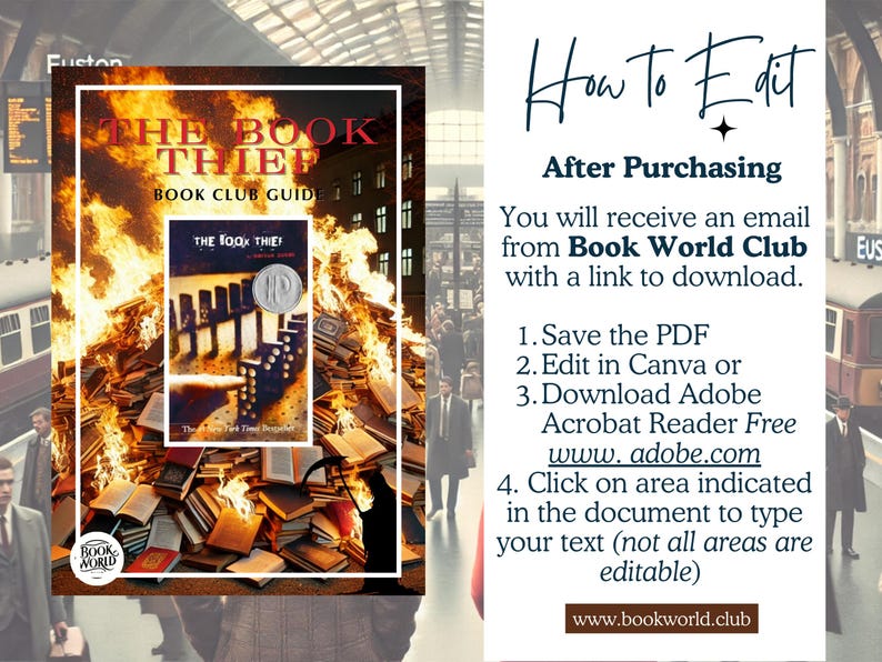 May include: A book club guide for "The Book Thief" by Markus Zusak. The cover features a pile of books engulfed in flames, with a copy of the book cover visible in the center. The guide is available for download from Book World Club.