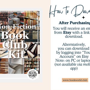 May include: A collage of images of bookshelves and books with the text "Non-Fiction Book Club Kit" and "Book World Club".  Instructions on how to download the kit after purchasing are provided.