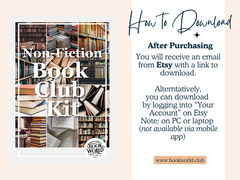 May include: A collage of images of bookshelves and books with the text "Non-Fiction Book Club Kit" and "Book World Club".  Instructions on how to download the kit after purchasing are provided.