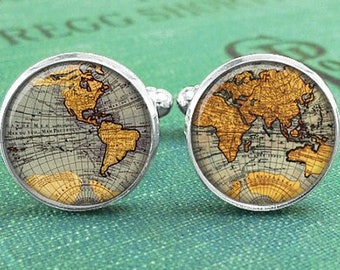 World Map Cufflinks, Map Cuff Links for Men, Traveler Wanderlust Gift for Him, Men Accessories, Gift for Father Dad Boyfriend Husband