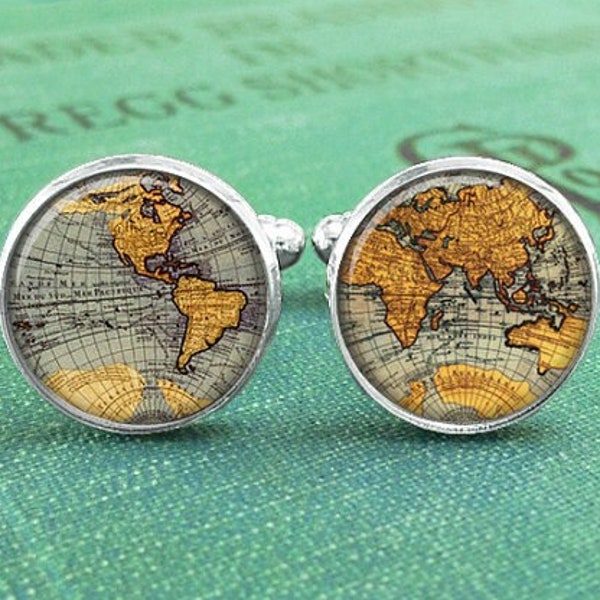 World Map Cufflinks, Map Cuff Links for Men, Traveler Wanderlust Gift for Him, Men Accessories, Gift for Father Dad Boyfriend Husband