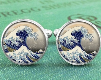 Great Kanagawa Wave Cufflinks, Japanese Ocean Cufflinks, Gift for Husband Boyfriend Dad