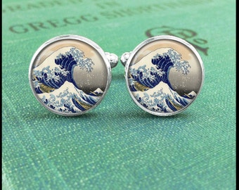 Great Kanagawa Wave Cufflinks, Great Wave Off Kanagawa, Great Wave Cufflinks, Japanese Cufflinks, Ocean Cufflinks, Gift Idea, Gift for him