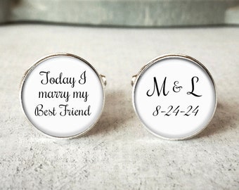 Personalized Cuff Links for Groom, Mens Custom Wedding Cufflinks, Initial Cufflinks, Wedding Date Keepsake, Gift For Groom, Gift From Bride