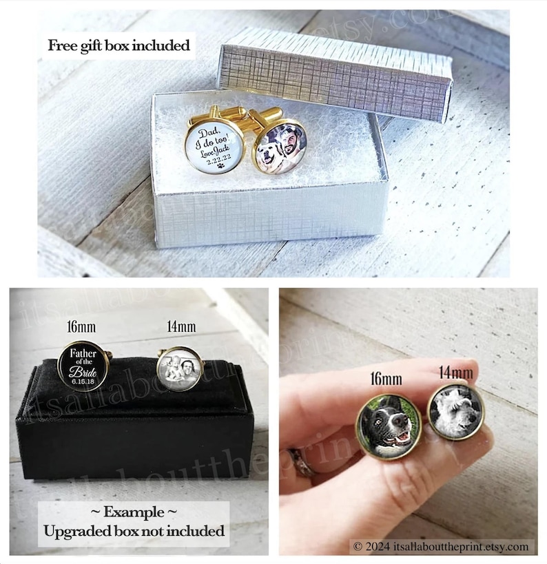 Op de afbeelding: Twee sets manchetknopen met gepersonaliseerde afbeeldingen. De eerste set heeft een witte achtergrond met zwarte tekst die "Dad, I do too! Love Jack 2.22.22" luidt en een foto van een hond. De tweede set heeft een zwarte achtergrond met witte tekst die "Father of the Bride 6.15.18" luidt en een foto van een stel. De manchetknopen zijn 16 mm en 14 mm in diameter.
