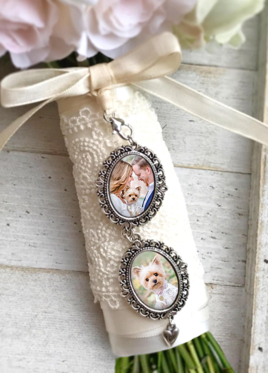 Bridal bouquet charms - set of two custom photo wedding bouquet charms