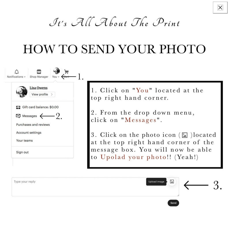 May include: A screenshot of a computer screen showing instructions on how to send a photo. The instructions are numbered 1, 2, and 3. The instructions say to click on "You" in the top right corner, then click on "Messages" from the drop down menu, and then click on the photo icon to upload a photo.
