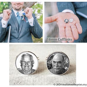 Op de afbeelding: Een paar zilveren manchetknopen met zwart-wit foto-inzetstukken. De foto's zijn van een oudere man met een witte baard en snor. De manchetknopen hebben een diameter van 16 mm. 16 mm manchetknopen.