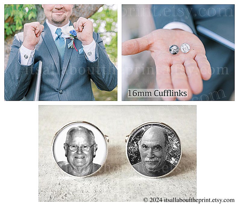 Op de afbeelding: Een paar zilveren manchetknopen met zwart-wit foto-inzetstukken. De foto's zijn van een oudere man met een witte baard en snor. De manchetknopen hebben een diameter van 16 mm. 16 mm manchetknopen.