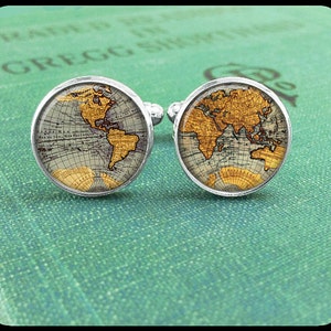 World Map Cufflinks, Map Cuff Links, Cufflinks for Men, World Map Cuff Links, Gift for Him, Men Accessories, Custom Silver or Brass image 1