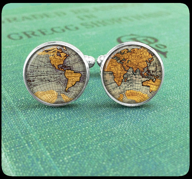 World Map Cufflinks, Map Cuff Links, Cufflinks for Men, World Map Cuff Links, Gift for Him, Men Accessories, Custom Silver or Brass image 1