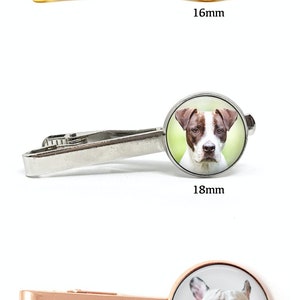 May include: Three tie clips with different dog images. The tie clips are gold, silver, and rose gold. The dog images are 16mm, 18mm, and 20mm in diameter.
