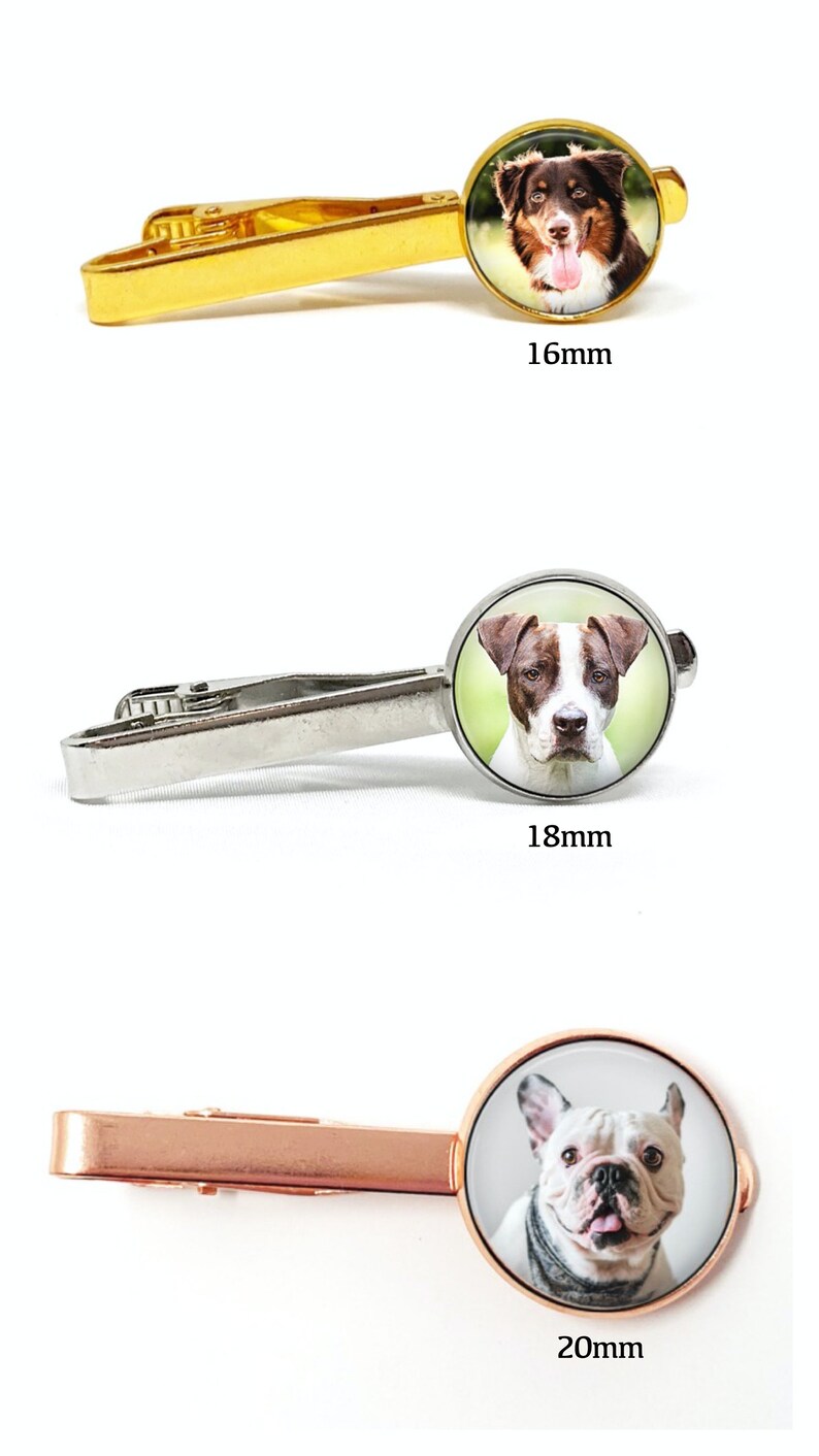 May include: Three tie clips with different dog images. The tie clips are gold, silver, and rose gold. The dog images are 16mm, 18mm, and 20mm in diameter.