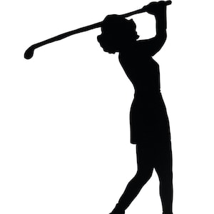 Female Golfer Wood Silhouette Decoration with Base - Handmade Golf Swing Art for Desk, Windowsill, or Bookcase Display - PTG3
