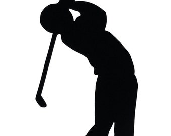 Male Golfer at end of Swing Handmade Wood Black Silhouette Decoration with a Base for Easy Display on a Windowsill, Bookcase or Desk - ptg1