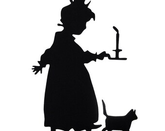 Girl, Cat and Candle Going to Bed Handmade Wood Silhouette - SCLD020