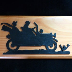 Two in an Antique Car with a Chicken Handmade Wooden Black Silhouette Plaque Wall Art