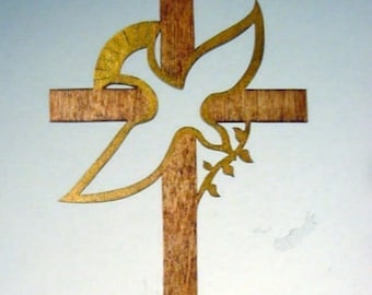 Dove Gold Cross  Handmade Wood  Silhouette Decoration with a Base for Easy Display on a Windowsill, Bookcase, Desk or a Cake - rel2