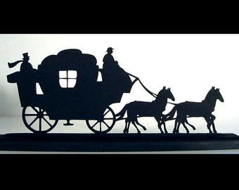 Horse Team and Stagecoach Wood Silhouette Decoration with Base | Handmade England Transportation Art