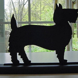Scottish Terrier Dog Handmade Wood Black Silhouette Decoration with a Base for Easy Display on a Windowsill, Bookcase, Desk or Cake - ADD11