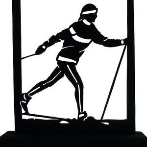 Cross Country Skier Handmade Wood Black Silhouette Decoration with a Base for Easy Display on a Windowsill, Desk, Bookcase or Cake - ptw5