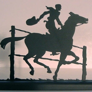 Cowboy Galloping Along Fence Handmade Wood Silhouette - swst015