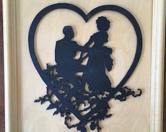 Victorian Couple Inside a Heart Silhouette Handmade Wall Hanging Plaque Decoration
