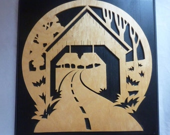 Road Through Covered Bridge Handcrafted Wooden Silhouette onto Plaque Wall Hanging Art