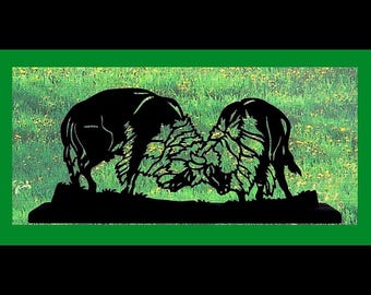 Handmade Dueling Buffalo Decoration Silhouette | Wooden Bison Tabletop, Desk, Shelf, Fretwork - AWN10