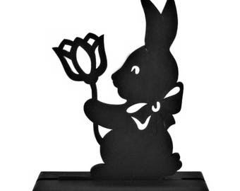 Handmade Rabbit Silhouette with Tulip Wood Decoration | Easter Decor, Bunny & Rabbit Art