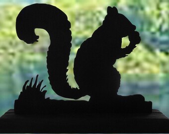 Handmade Squirrel Wood Silhouette Decoration with Base for Windowsills, Bookcases, Desks & Cake Toppers – AWS1