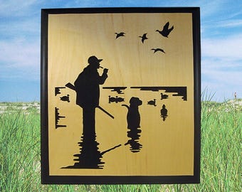 Duck Hunter Decor and Dog Silhouette Handmade Wooden Wall Hanging Plaque