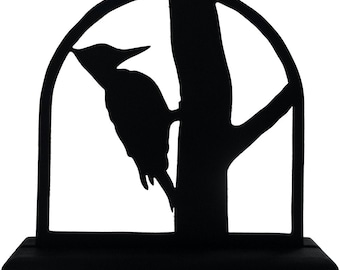 Woodpecker Bird Handmade Wood Black Silhouette Decoration with a Base for Easy Display on a Windowsill, Desk, Bookcase, Cake or Table - bir5